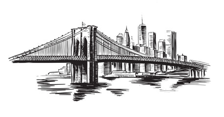 Brooklyn Bridge in New York, hand drawn illustration.