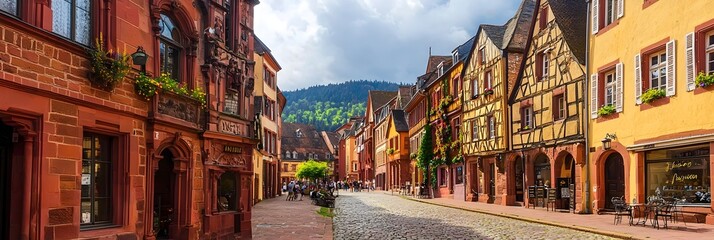 Picturesque view of a charming historic European street lined with traditional brick buildings and quaint cafes Cobblestone pathways and a cozy