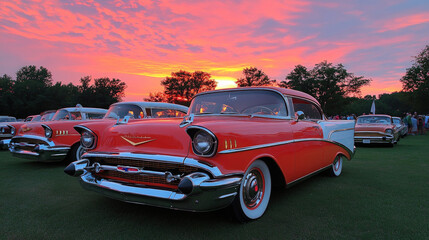 Visually Striking Background With Classic Cars Lined Up At A Vintage Car Show, Set Against A Sunset Sky, Highlighting The Beauty And History Of Automotive Design