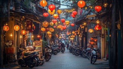 A bustling street in Hanoi's Old Quarter, filled with motorbikes, street vendors, and