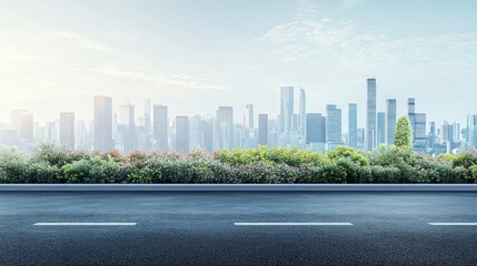 Side view of an asphalt highway bordered by a garden and featuring a contemporary city skyline