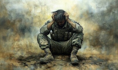 A soldier sits dejected in a field.