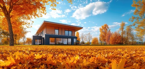 A vibrant autumn landscape of a modern house with a backdrop of golden leaves and a clear blue sky, emphasizing the beauty of the season.