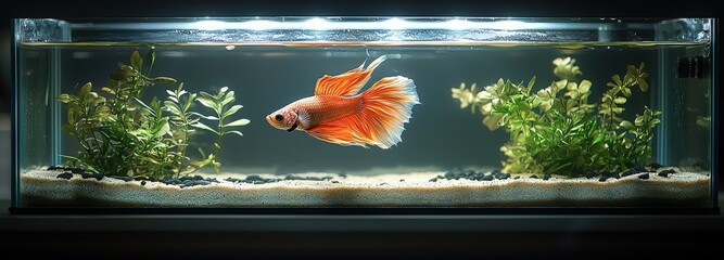 A vibrant betta fish swimming gracefully in a fully planted aquarium at night