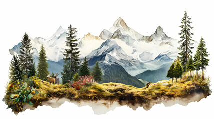 A collage of the swiss alps made of mixed media isolated on white, png. Collage Mixed Media. Illustration