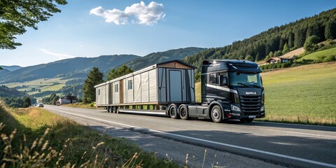Modern Truck Driving with Trailer Transporting Prefabricated Construction Sheds on Country Road