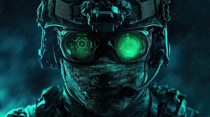 Soldier with Night Vision Goggles and Green Glow