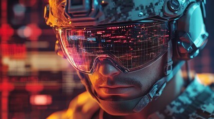 Close-up of a soldier wearing futuristic goggles with digital display.
