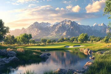 Mountain Golf Course with Lake and Sunset