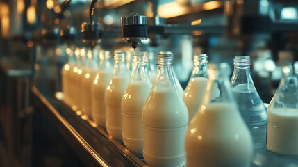 W fabryce produktów mleczarskich widoczna jest linia napełniania butelek mleka.