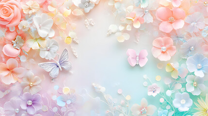 un fondo con espacio de copia delicado con tela de seda con flores y mariposas de colores pastel fondo artistico con perlas para decoraciones romanticas