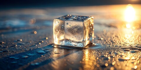 A crystalline cube of ice, glistening with captured sunlight, rests on a surface of shimmering drops, reflecting the golden hues of the setting sun.