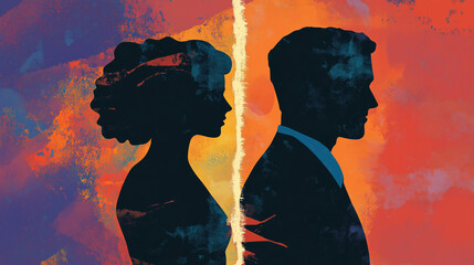 Sylwetka pary stoi na rozdrożu, co symbolizuje ich konflikt i myśli o separacji. Ich postawy są pełne emocji, a w tle można dostrzec abstrakcyjne elementy.