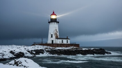 Lighthouse on Stormy Winter Coast