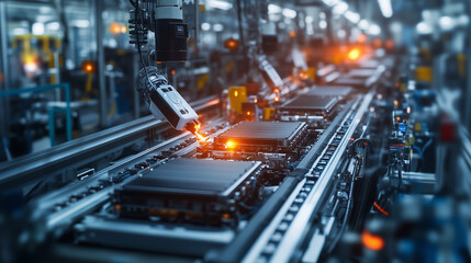 W fabryce z linią produkcyjną ogniw bateryjnych do samochodów elektrycznych, z bliska widać szczegóły procesu.