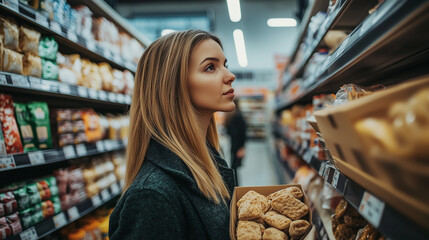  W sklepie spożywczym kobieta w średnim wieku z uważnym wyrazem twarzy analizuje etykiety produktów.