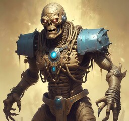 Illustration of mummy in dark environment.