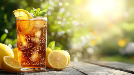 Refreshing Iced Tea with Lemon and Mint on a Wooden Table in a Summer Garden