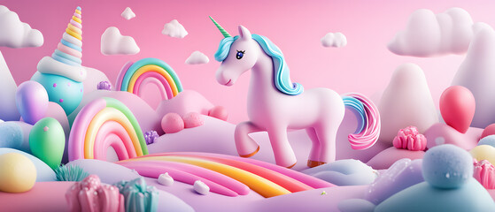 Magical Unicorn in a Whimsical Candy Land Landscape