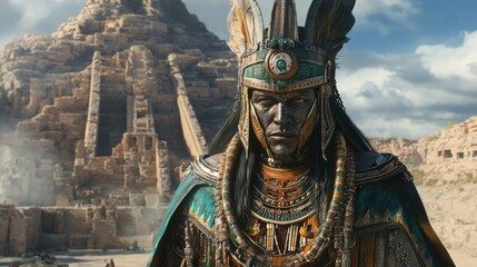 Anunnaki sentinel clad in ornate attire with Hopi motifs, set against a backdrop of ancient ruins. Cinematic, mystical atmosphere, highly detailed.