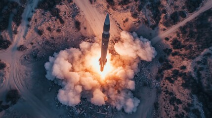 Powerful rocket launching from a rugged desert terrain, surrounded by clouds of smoke and flames.