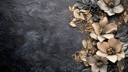 un fondo elegante negro con decoraciones de flores doradas y color ocre elegantes y de diseño romantico decorativas para espacio de copia