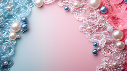 un fondo con espacio de copia color rosa pastel con encaje color blanco y azul con perlas de decoracion para diseño o plantilla elegante y colorido
