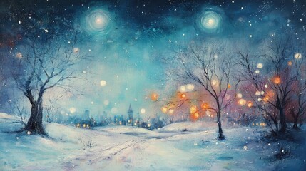 An abstract winter scene with ethereal lights and shimmering colors, representing the magic of Christmas night.