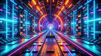 Futuristic Neon Cyber Tunnel 3D Render - Vivid Landscape of a High-Tech World, Bright Colors, Electric Vibes, Sci-Fi Aesthetic, Digital Art, Hyperrealistic Environment, Virtual Reality Scene