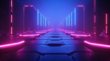 Futuristic neon light tunnel with pink and blue glowing lines.