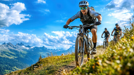 Mountain bikers riding downhill on a trail in the alps