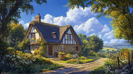 Klasyczna angielska chata z dachem pokrytym strzechą, która doskonale wpisuje się w sielankowy krajobraz wiejskiego otoczenia.