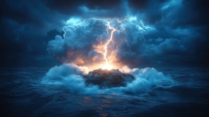 A single, powerful lightning bolt strikes a small island in the middle of a stormy sea.