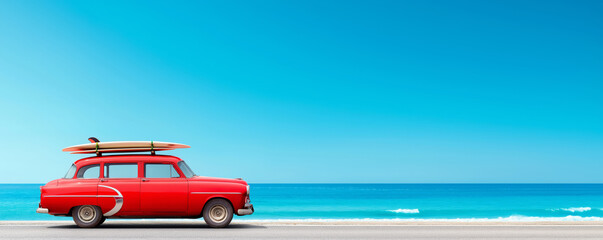 Vintage red car transporting surfboards cruising along the beach on a stunning summer day