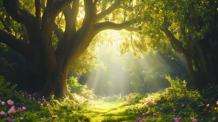 A beautiful fairytale enchanted forest with big trees and great vegetation. digital painting background. Fantasy. Illustration