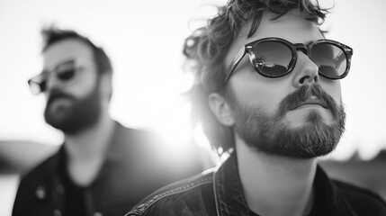 Two musicians, artists, in sunglasses enjoying the sunset. Black and white cover photo of fictional indie alternative rock style music band.