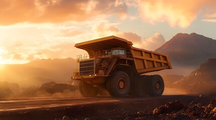 Massive Articulated Dump Truck Traversing Dramatic Mountainous Landscape at Dusk