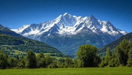 Scenic view of snow capped mountains in the french alps surrounded by lush green forests in summer