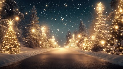 Snowy Pathway with Illuminated Christmas Trees and Starry Sky