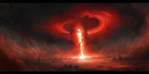 Giant red tornado destroying land under dark red clouds
