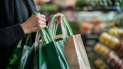 Close-Up View of Hands Holding Reusable Bags for Eco-Friendly Shopping on Green Monday, Promoting Sustainable Choices and Zero Waste Lifestyle