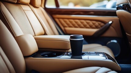 Luxury Car Beige Leather Interior with Rear Seat Cup Holder and Armrest, Elegant Design Details