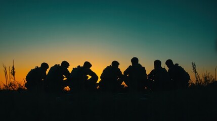 A group of soldiers in silhouette, huddled together as they strategize under a twilight sky,
