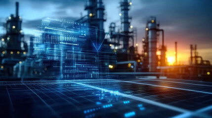 digital interface overlaying industrial plant at sunset, showcasing technology and innovation in energy. scene captures blend of nature and industry