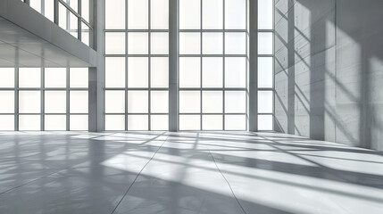 Modern Sunlit Atrium with Geometric Shadows on White Walls and Floor Creating Minimalist and Architectural Design. Minimalist empty interior. Copy space