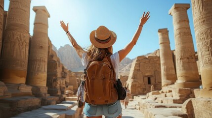 Tourist raising arms exploring karnak temple complex in luxor egypt