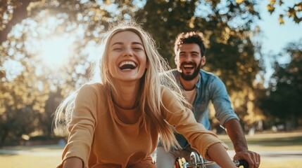 of a young couple riding bikes in a sunlit park, laughter and joy as they ride, green trees and bright sky enhance scene