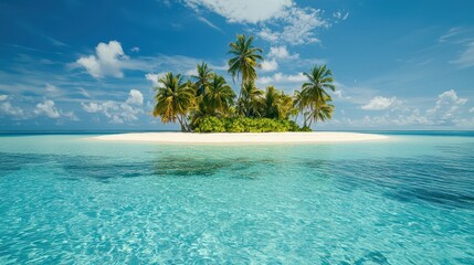 Vacation on a deserted tropical island with clear blue waters.