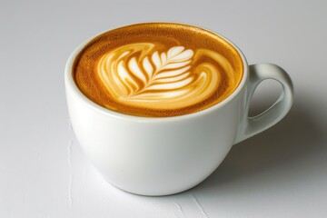 A cup of coffee with a creative leaf design on the side