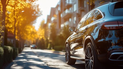 Luxury car parked on sunlit residential street in autumn, symbolizing elegance, modern lifestyle, and urban living. Warm seasonal setting for themes of transportation, comfort, and city life